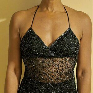 Backless Sequin Beaded Sheer Halter Tie Back Top